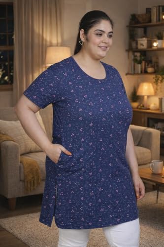 Image of RYSH Women's All-Over Printed Cotton Plus Size Longline T-Shirt with Pockets