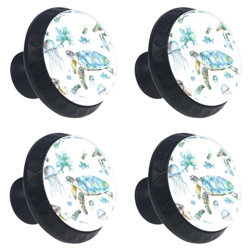 NEWzone 4 Pack Black Drawer Knobs Ocean Turtles Cabinet Knobs Kitchen Cabinet Hardware Glass Drawer Dresser Knobs for Cupboard Furniture Chest Bathroom