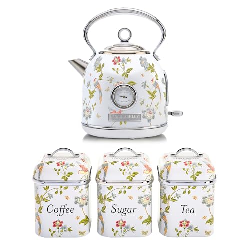 Laura Ashley Elveden White Electric Kettle 1.7L & Tea Coffee Sugar Canisters Set of 3 - Energy Saving Fast Boil Kettle with Removable Filter - Stainless Steel Tea Sugar and Coffee Containers Set