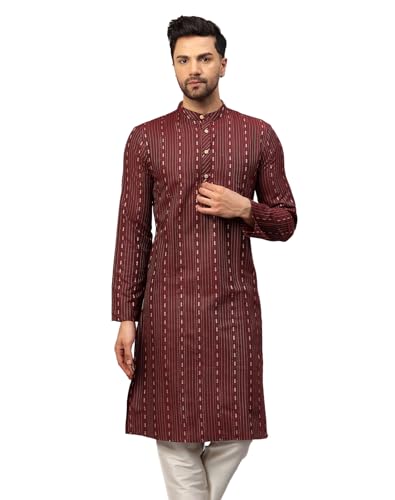 Image of LATEST CHIKAN Men's Cotton Regular Striped Knee Lenght Kurta Full Sleeves