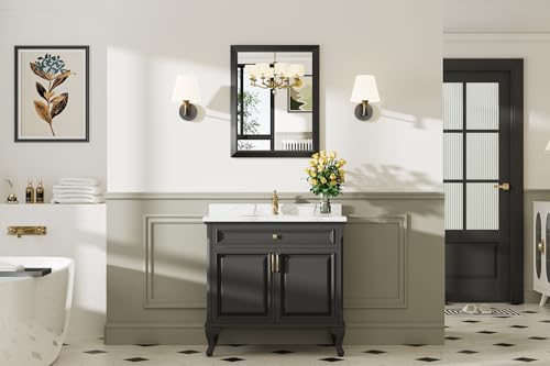 24x30 Inch Black Bathroom Mirror for Wall, Thick Metal Framed Rectangle Mirrors for Over Sink, Bedroom, Living Room, Entryway, Anti-Rust, HD Tempered Glass