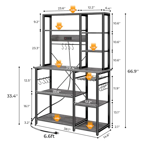 Image of SUPERJARE Large Bakers Rack with Power Outlets, 6-Tier Microwave Stand, Coffee Bar with 12 S-Shaped Hooks, Kitchen Shelf with Wire Basket, 39.4 x 14.6 x 66.9 Inches, Charcoal Gray
