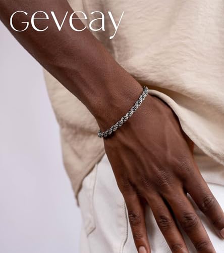 Men's Stainless Steel Silver Bracelets,6Pcs Adjustable Trendy Cuban Link Chain Bracelet Set Men Jewelry Gifts(Silver/Gold/Black,7+1.2 inch)3