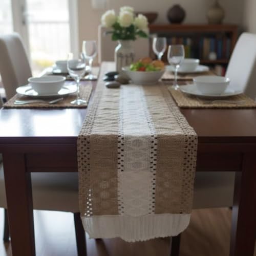 Image of HomeCloud Croshia Woven Table placemat - Heat Resistant, Washable Table Decoration for Dining, Office, Kitchen, Hotel, and Home (Runner Beige White, Set of 1)