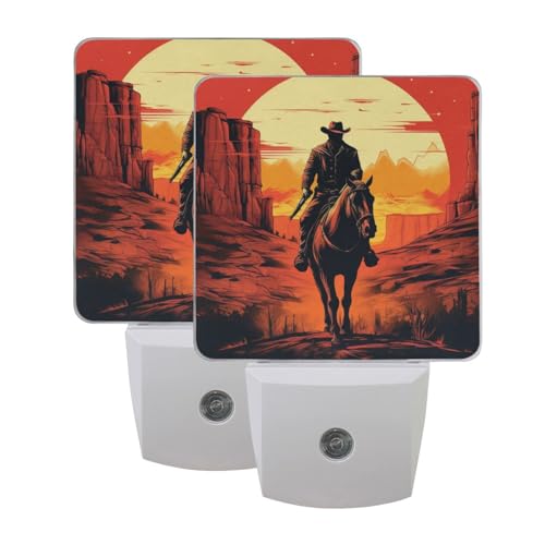Image of Sunset Cowboy Horse Night Lights 2 Pack Plug-in Wall Led Nightlight Auto Dusk-to-Dawn Sensor Lamps for Bedroom Kitchen Bathroom
