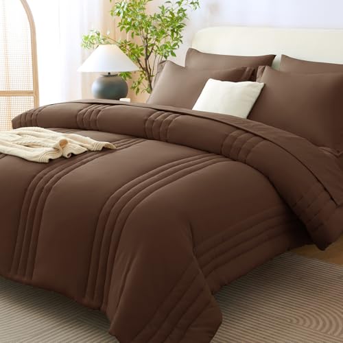 Image of CozyLux King Size Comforter Set Brown - 7 Pieces Bed in a Bag, Modern Vertical Quilted Room Decor, Soft All-Season Bedding Gift with Comforter, Sheets, Pillowcases & Shams