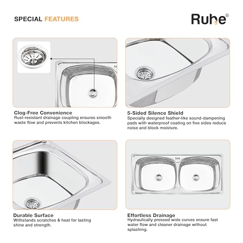 Image of Ruhe Oval Double Bowl 45x20x9 inches 304 Grade Kitchen Sink | 304 Grade Stainless Steel Oval Double Bowl Kitchen Sink | Glossy Finish | Sink Coupling and Waste pipe