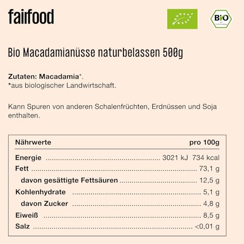 fairfood Bio Macadamianüsse naturbelassen 500 g – Fair & vegan – ungesalzen & ohne Zusätze – knackiger Snack – aus eigenem Projekt in Ruanda