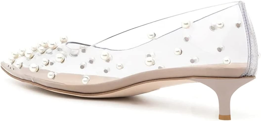 FSJ Women Classic Stiletto Kitten Heels Pointed Toe Handmade Pearls Slip On Pumps Clear PVC Office Party Date Bridal Dress Shoes Size 4-15 US