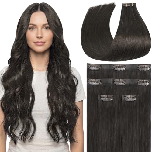 Image of Full Shine Clip in Hair Extensions, Soft Black, Invisible PU Weft | Real Human Hair, 20 Inch 95g 4 Pcs, Targeted Volume with Added Length, Soft Silky Hair, Wedding Guest, Long Hair