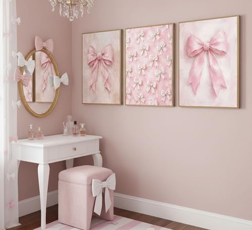 Image of 3Pcs Pink Bow Canvas Wall Art Vintage Trendy Cute Preppy Watercolor Bow Painting Pictures Wall Decor Posters Prints Girly Aesthetic for College Apartment Bedroom Decoration Unframed