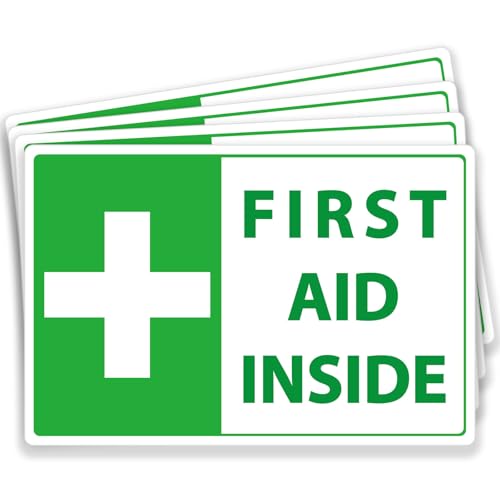 4 Piece First Aid Sign Stickers, 5.9x3.9 Inch Green Vinyl Decal, Waterproof Self-Adhesive Labels for First Aid Kit Box, Car, Office, Home