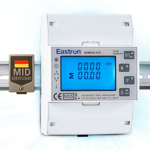 EASTRON SDM630 TCP MID Stromverbrauchsmesser - 1/3 Phasen Stromzähler Hutschiene - Strommessgerät - Drehstromzähler - Ethernet Modbus TCP 100A kWh Impulszähler & beleuchtetes LCD-Display