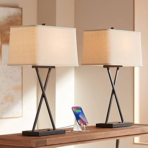 Franklin Iron Works Megan Modern Table Lamps 26.5" High Set of 2 with Hotel Style USB Charging Port LED Bronze Metal Rectangular Fabric Shade for Living Room Bedroom House Bedside Nightstand Home Cover