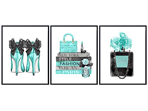 Image of Glam Wall Decor - Designer Perfume, Shoes, Handbags - High Fashion Design Gift for Fashionista - Luxury Couture Wall Art Poster Picture Print Set for Women, Teens, Girls Bedroom