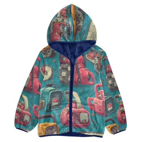 Colorful Chainsaw Print on Fabric Toddler Fleece Jacket Girl Boys Hooded Fleece Jacket Coat Warm Outwear Zip-up 3-10T