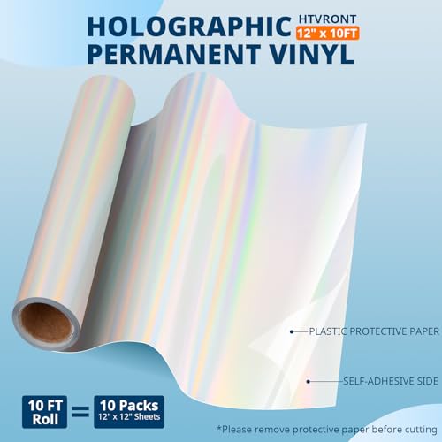 Image of HTVRONT Holographic Silver Permanent Vinyl, 12 inch x 10 FT Adhesive Vinyl Roll Compatible with Cricut Cutting Machine, Silhouette, Cameo Cutters, Signs, Scrapbooking, Craft, Die Cutters
