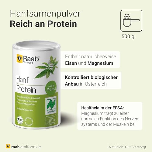 Raab Vitalfood Bio Hanf-Protein 500 g, rein pflanzlich, Protein-Pulver mit 49 % Protein, Hanf-Mehl, Eiweiß-Shake, vegan, glutenfrei