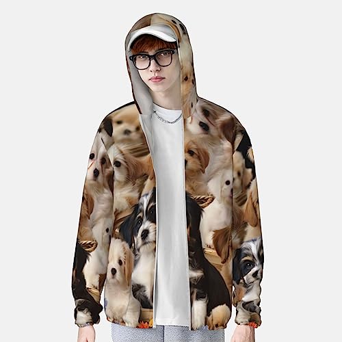 Cute Pet Dogs Camiseta masculina com capuz e proteção solar FPS 50+, manga comprida, Rash Guard, Pre