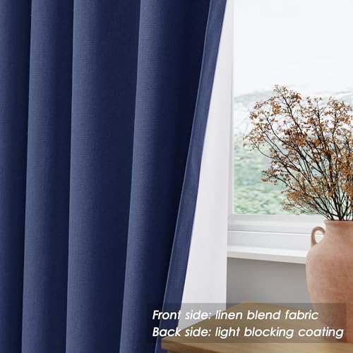 Image of Classic Blue 100% Blackout Linen Curtains for Bedroom 90 Inches Long Back Tab Thermal Insulated Modern Coastal Decor Black Out Curtain for Living Room Dining Room Rod Pocket Drapes 52x90, 2 Panels