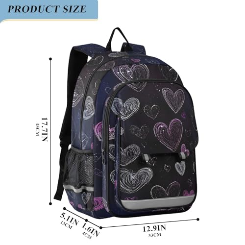 Hearts Doodle Kids Backpack Big Storage Multiple Pockets 17.7 IN for Travel, Bookbag School Bag with Chest Buckle Reflective Strip for Boys Girls in Primary Middle High School2