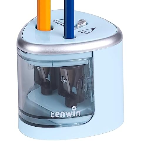 tenwin Electric Pencil Sharpener for Colored Pencils, Battery Operated Pencil Sharpeners for No.2 and 6-12mm Pencils, Dual Hole for Office School Artists Adults Kids Use（Blue） Cover