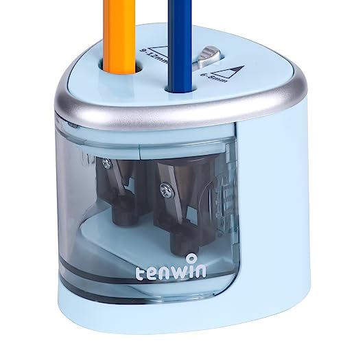 tenwin Electric Pencil Sharpener for Colored Pencils, Battery Operated Pencil Sharpeners for No.2 and 6-12mm Pencils, Dual Hole for Office School Artists Adults Kids Use（Blue）