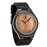Treehut Mens Ebony Wooden Hawaii Koa Watch with Genuine Black Leather Strap Quartz Analog with Miyota Movement, 1.7 inches