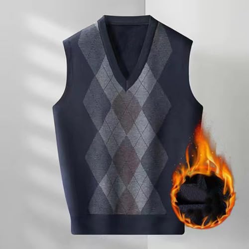Rhombus Patterned Sweater Vest Sleeveless Men Fall Winter Print V Neck Knitted Thick Warm Sweater Navy Blue L2