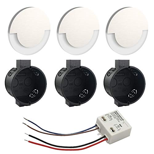 www.conceptrun.de Premium Set LED Wandeinbaustrahler Treppenlicht Wandstrahler Treppenbeleuchtung Satinglas für Treppen, Möbel, Flur etc. rund inkl. Up-Dose und Trafo für 230V warmweiß WB5 (3er Set) Cover