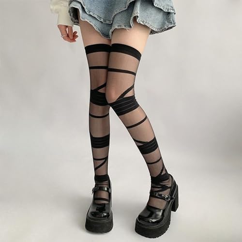 Image of Y2K Patterned Sheer Tights for Women Gothic Punk Thigh High Pantyhose Harajuku Lolita Bandage Fishnet Stockings