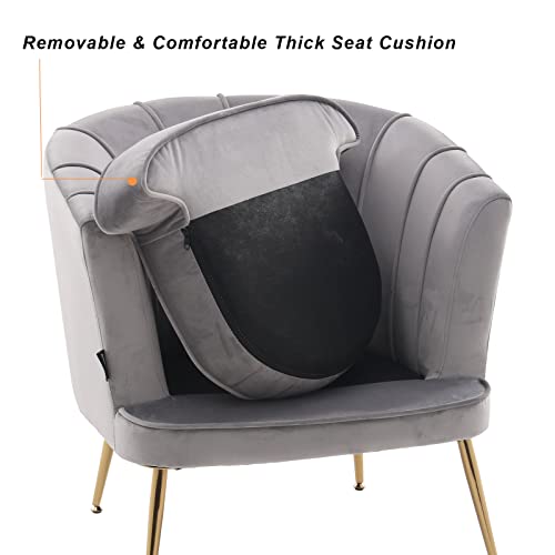 Artechworks Modern Velvet Barrel Chair Accent Armchair With Golden Legs For Living Room Bedroom Home Office, Channel Tufted Back Club Chair, Grey #TOP6