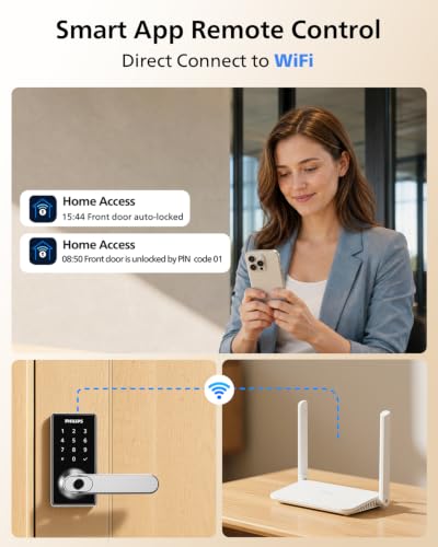 Philips Upgraded Wi-Fi Smart Lock with Handle, Keyless Entry Door Lock, Smart Door Knob, Fingerprint Unlock, App Remote Control, Auto-Lock, Keypad Deadbolt with Lever for Bedrooms, Office, Front Door - image 3