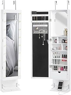 Beautify Wall Mirror Full Length with Storage, White Over Door Mirror with Jewellery Cabinet, LED Lights and Hanging Organiser, Makeup Storage Mirror - Bedroom Furniture