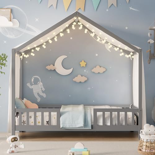 Image of Twin Size Wood House-Shape Platform Bed with Roof Frame and Canopy, Montessori Floor Bed with High Railings and Slat Support for Kids Girls Boys, No Box Spring Needed (Grey-05, Twin)