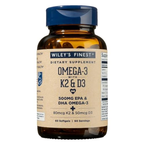 Wileys Finest Wild Alaskan Fish Oil Vitamin K2 & D3 Softgels - 500mg of EPA and DHA Omega-3s for Bone and Heart Health Support - 60 Softgels (60 Servings)