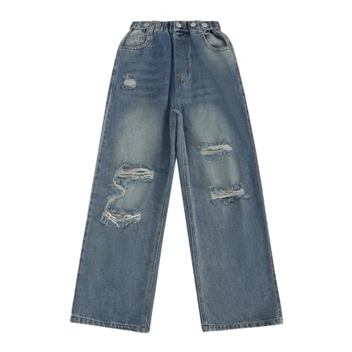 Wide Leg Ripped Jeans for Girls Baggy Elastic High Waist Hole Y2K Denim Pants Streetwear Straight Kids Fall Bottom2