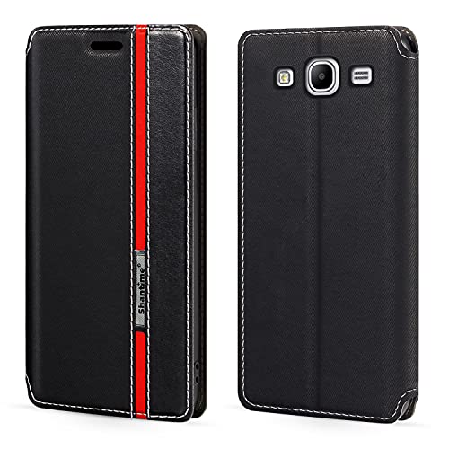 Shantime Classic Stripes Faux Leather Flip Case Compatible with Samsung Galaxy Mega 5.8 I9150, Invisible Magnetic Cover with Card Slot, Contrast Color Design(Black)