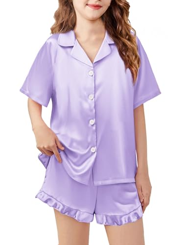 Image of Arshiner Girls Pajamas Silk Satin Pajama Set Button Pjs Ruffle Sleepwear