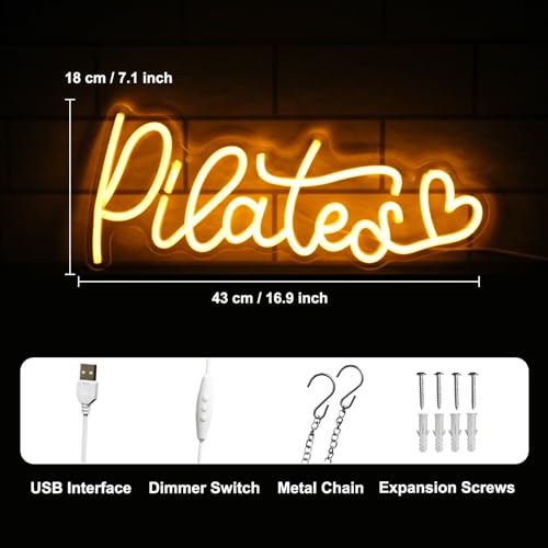 Image of Pilates Neon Sign Yoga LED Neon Lights for Bedroom Gym Yoga Studio Decor | Orange Letter with Love LED Sign, Dimmable Acrylic Neon Wall Sign, Motivational Wall Art, Pilates Pavilion Decor, USB Powered