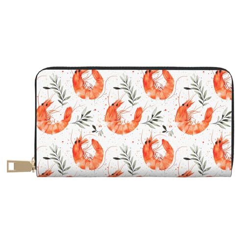 Leather Thin Slim Wallets for Women Men - Fashion Shrimp Leaves Retro Print Card Wallet Holder with Zipper