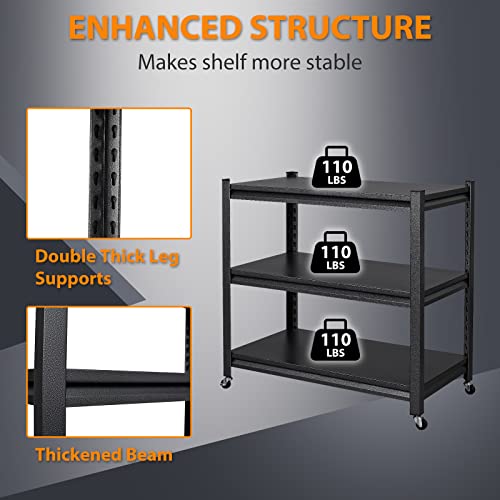 Anxxsu Garage Storage Shelves Heavy Duty, 3-Tier Metal Shelving Unit With Wheels, Large Capacity Storage Racks And Shelving, Utility Shelf Racks For Garage Kitchen Basement Warehouse #TOP2
