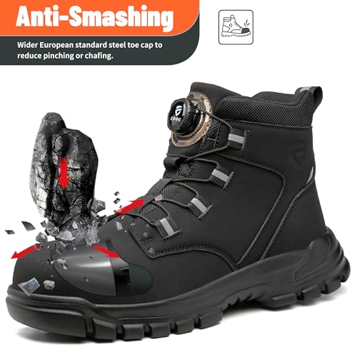 KOIFISH Sicherheitsstiefel Herren Damen Leicht Arbeitsschuhe Hoch Sicherheitsschuhe Rutschfest Drehverschluss Stahlkappenschuhe Schwarz 44