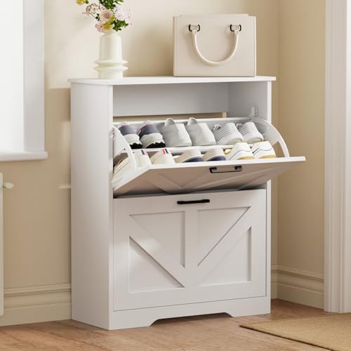 Homleke Farmhouse Shoe Cabinet for Entryway with Barn-Style Flip Drawers,