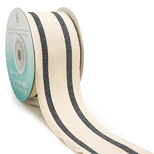 CT CRAFT LLC Ivory Cotton Black Stripes Ribbon 1.5