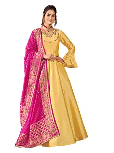Robe indienne longue en soie jaune Anarkali Small avec Jacquard Dupatta élégante pour femme