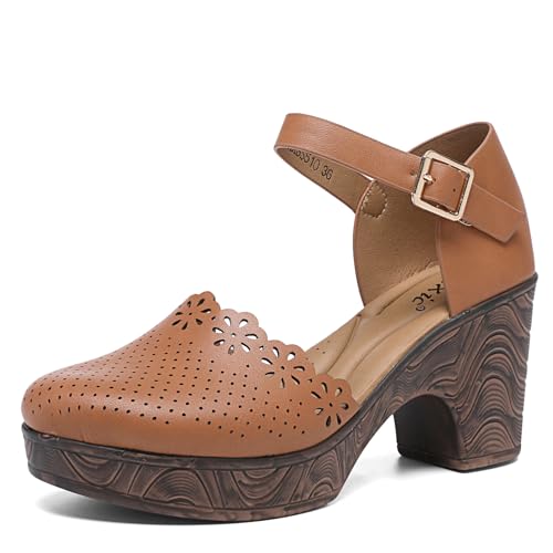 Altxic Women's Closed Round Toe Hollow Out Vamp Ankle Strap Buckle Low Block Chunky Heels Sandals