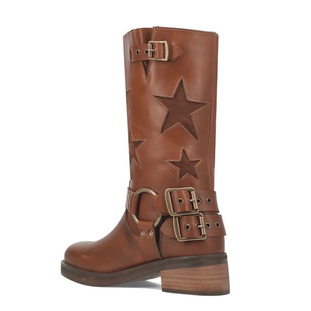 Image of KISTANIA Women's Knee High Riding Boots Square Toe Chunky Heel Fashion Buckle Belts Cowboy Cowgirl Moto Boots with Stars