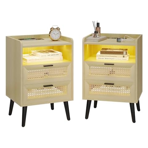 Vlsrka Rattan Nightstand Set of 2 with Charging Station, Wooden Night Stand with PE Rattan Decor Drawers, Boho Bedside Table for Bedroom, 3 Colors Dimmable Lighting (Natural) Cover