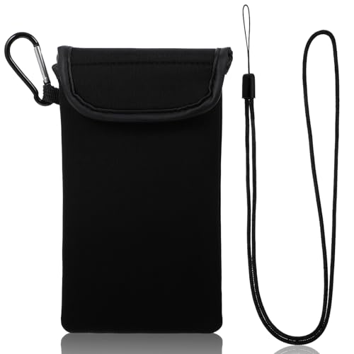 IANFAN Housse pour téléphone portable avec mousqueton et cordon tour de cou Noir Housse de téléphone portable Chaussette en néoprène pour téléphones...